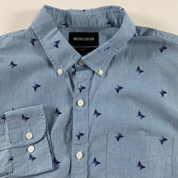 Bonobos Butterfly Print Slim Fit Button Down Shirt Men's XL Blue Cotton - Picture 2 of 11